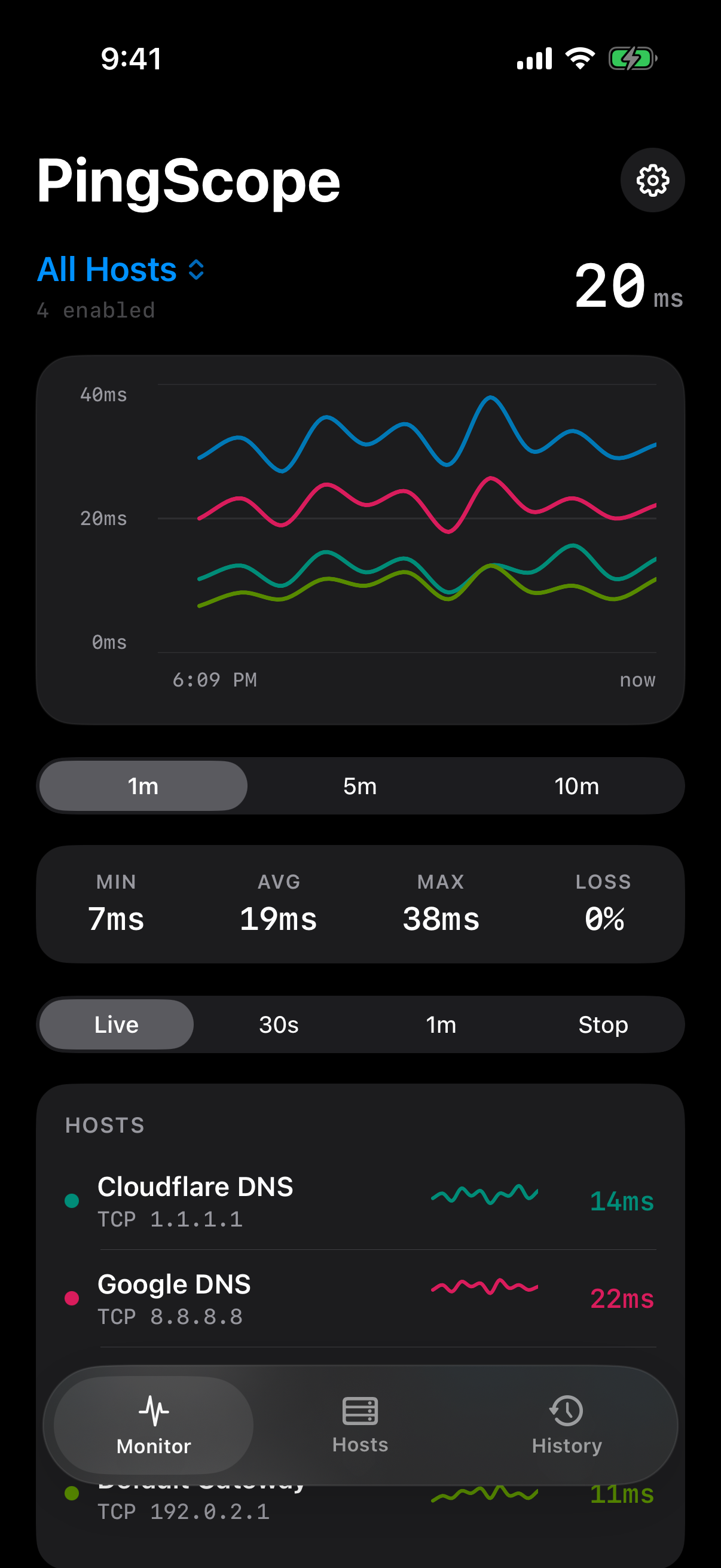 PingScope for iPhone Signal view comparing four hosts with live latency readings.